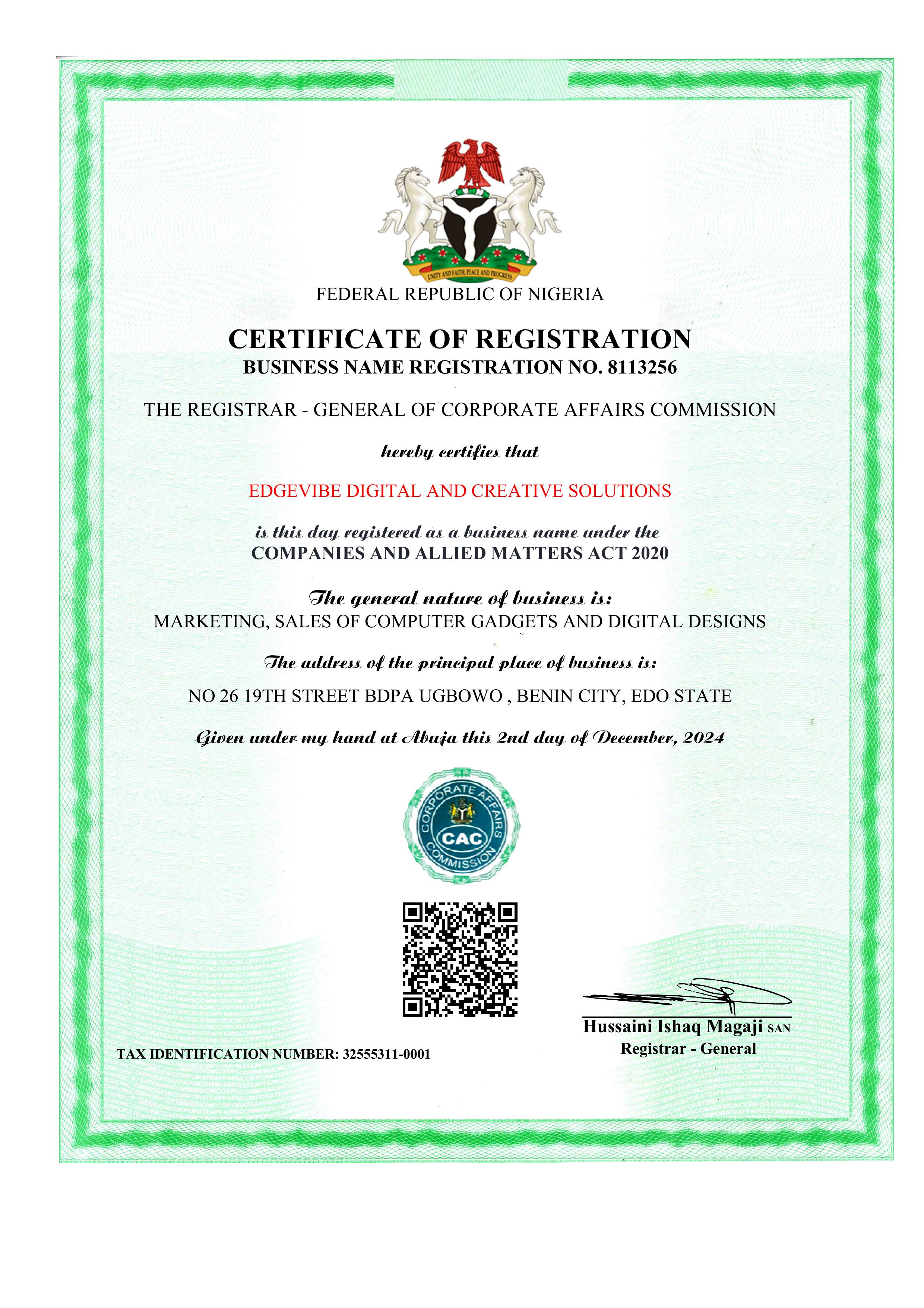 Registration Certificate